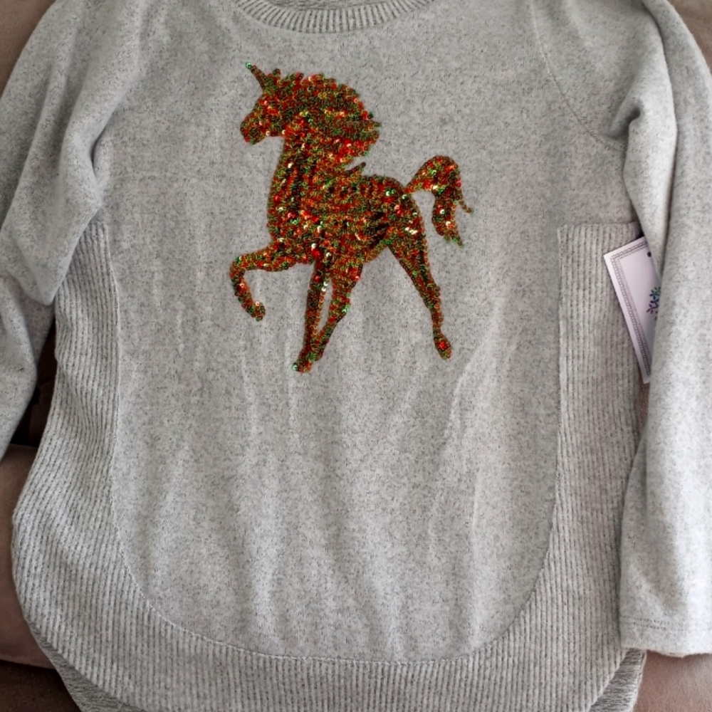 Brand New Sequin Unicorn Soft Gray Sweater